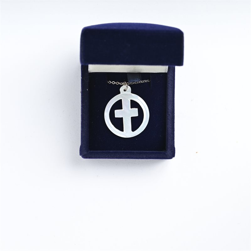 Cross 1" in circle Mother of Pearl Chain and Box