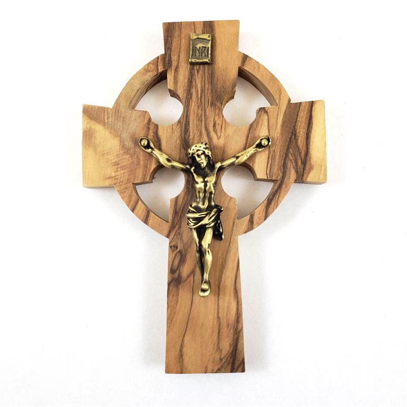 Crucifix celtique en bois d'olivier avec corpus plaqué bronze