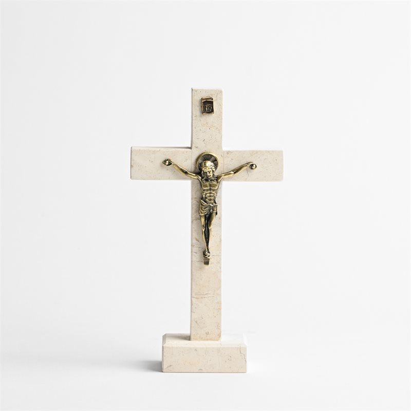 Crucifix en pierre de Bethléem sur base avec corpus plaqué bronze