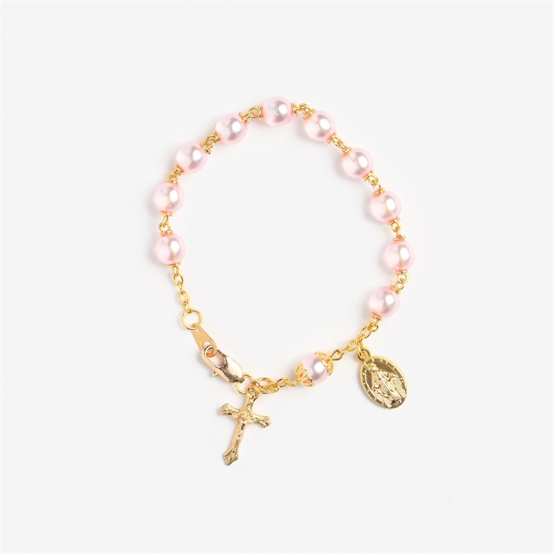 Translucent rosé pearl rosary bracelet on gold chain