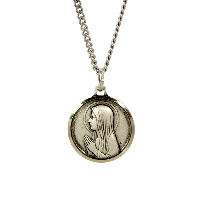 Mary Medal with 18" Chain and velvet Box Silver plated Made in France