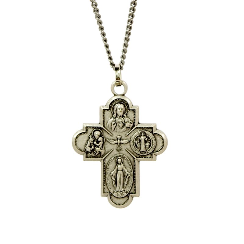Crucifix 4 Way Medal with 18" Chain and velvet Box Silver plated Made in France