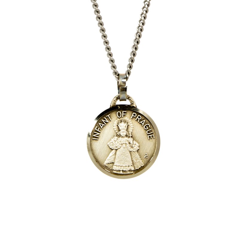 Infant of Prague Medal with 18" Chain and velvet Box Silver plated Made in France