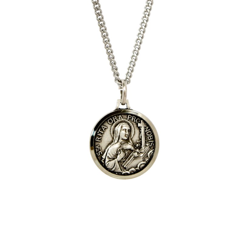 St Rita Medal with 18" Chain and velvet Box Silver plated Made in France