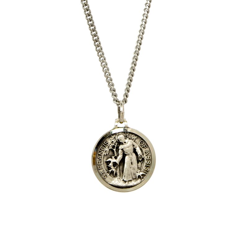 St Francis Medal with 18" Chain & velvet Box Silver Plated Made in France