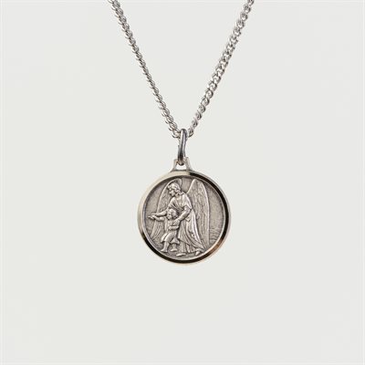 Guardian Angel Medal with 18" Chain and velvet Box Silver plated Made in France