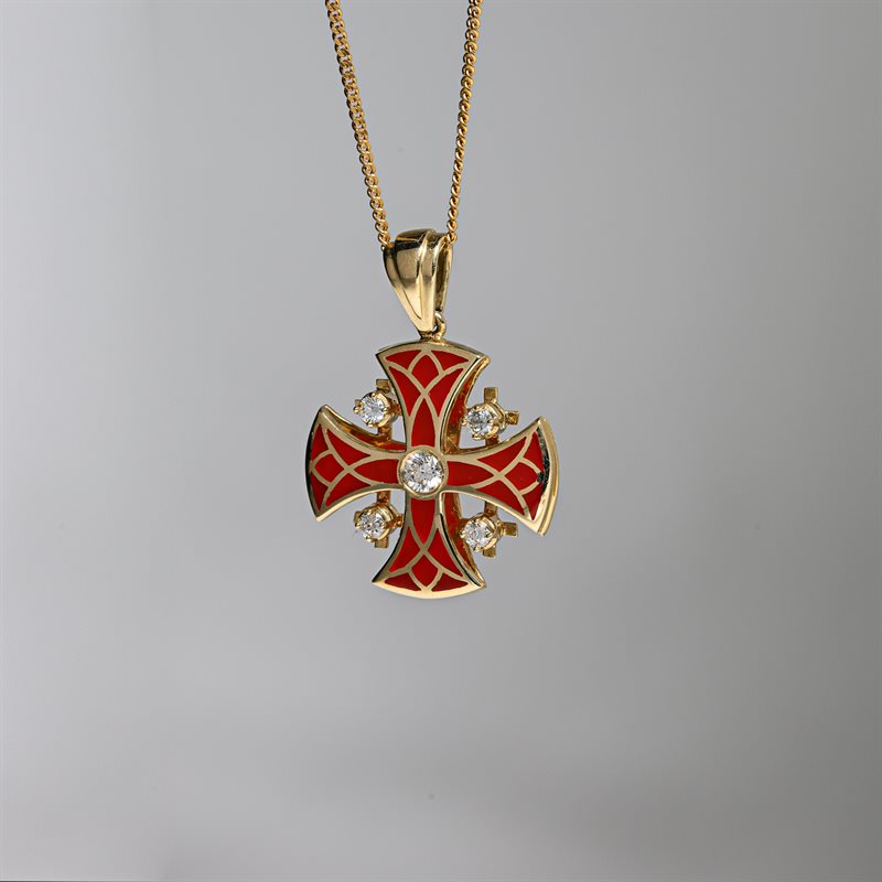 Gold Jerusalem Cross with 5 Diamonds, 14KT, 5.8g, 2.5cm