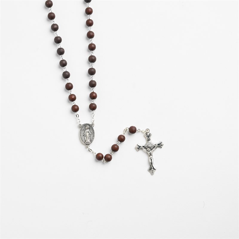 Dark brown rosary on silver chain