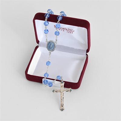 Sterling crucifix & center 7MM BLUE TINCUT ROSARY