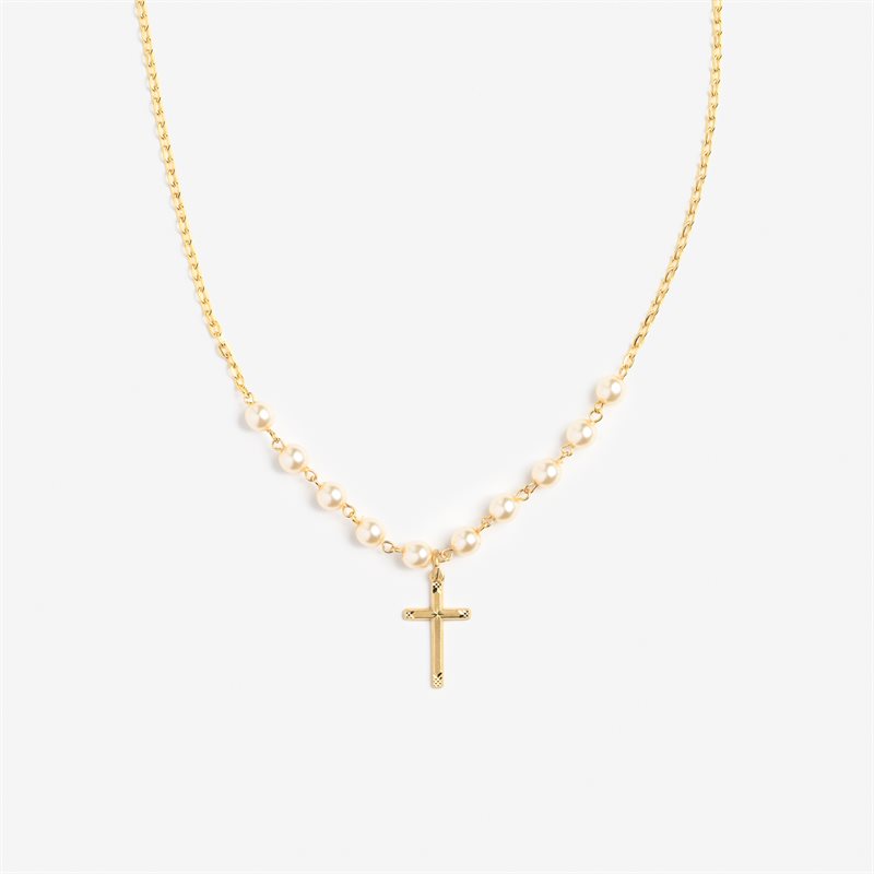 Necklace of cross with pearl cream beads on gold chain