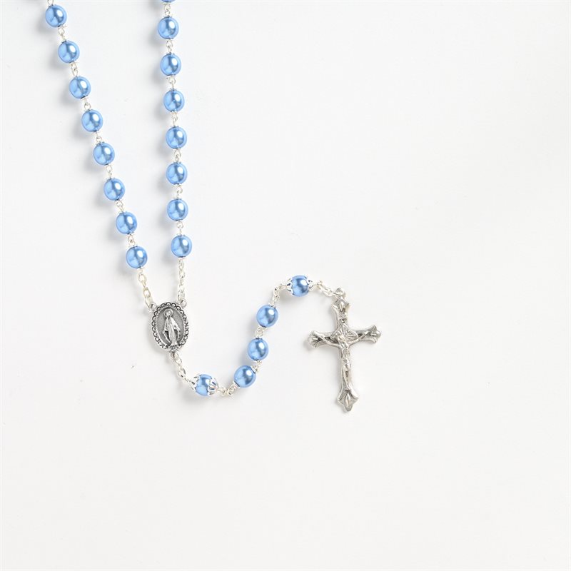 Translucent sky blue pearl rosary on silver chain