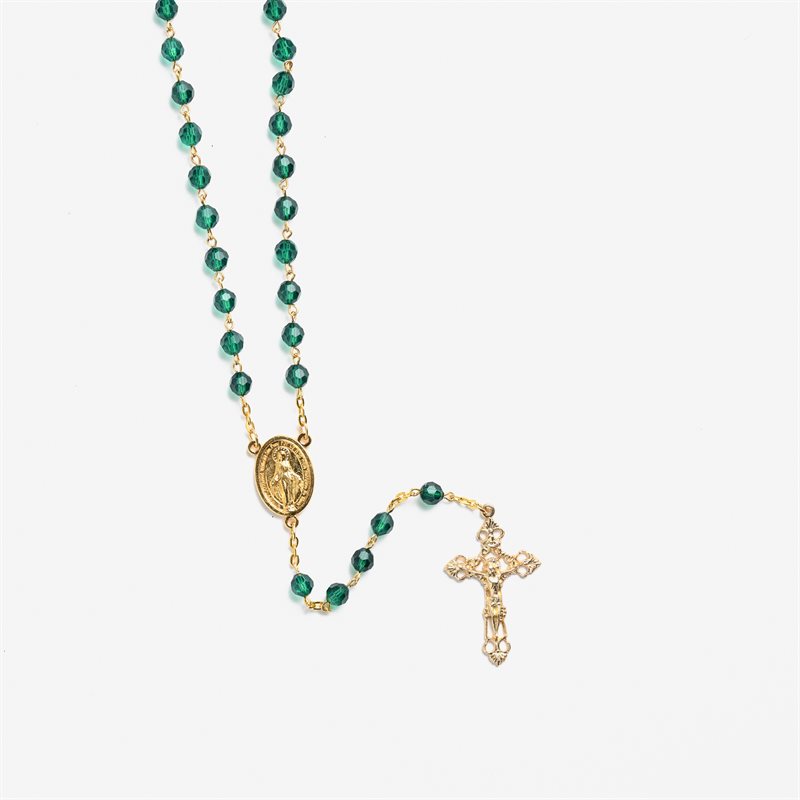 Emerald Crystal rosary on gold tone