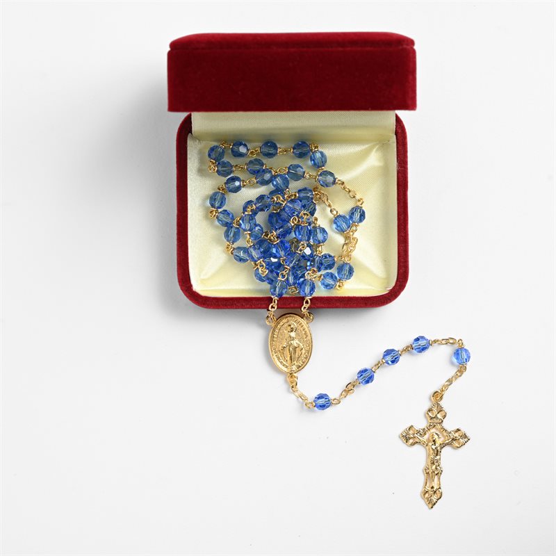 Diamond cut saphire rosary on gold tone